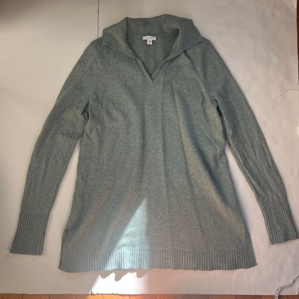 J. Jill Pure Jill Womens Knit Collared Split V-Neck Sweater Marled Sage Green XS